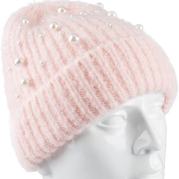 New Jessica Simpson Cozy Pink Stretch Knit Cuffed Beanie Hat Pearl Accent NWT - Picture 5 of 8
